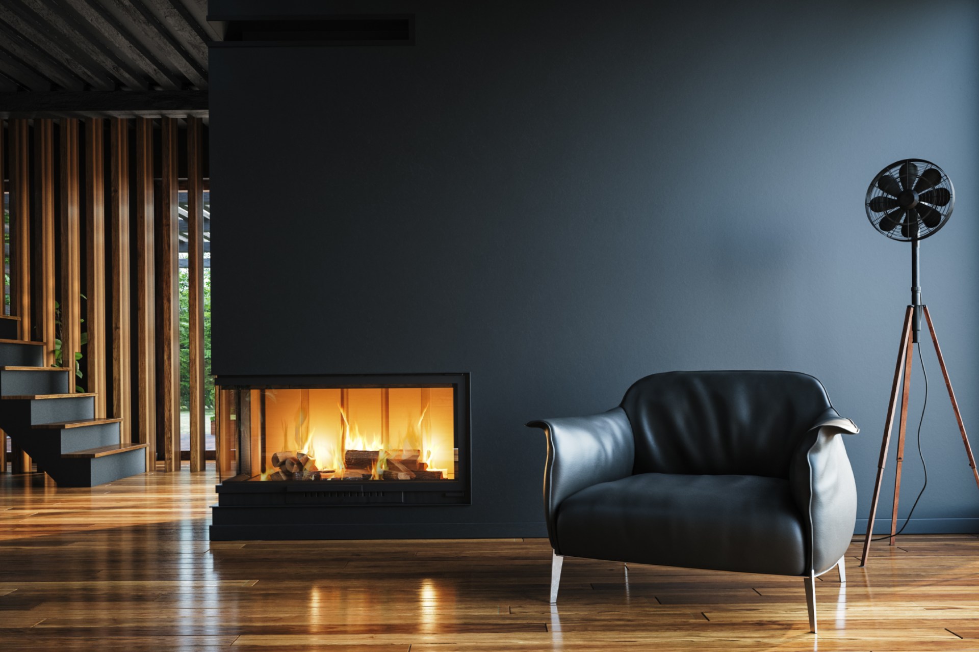 Mysigt vardagsrum med öppen spis